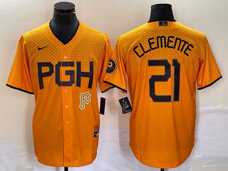 Mens Pittsburgh Pirates #21 Roberto Clemente Gold 2023 City Connect Stitched Jersey 1